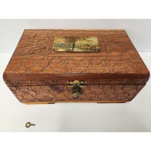 Vintage Carved Cedar Wood Jewelry Box w/ Scenic River Landscape / Lock & Key